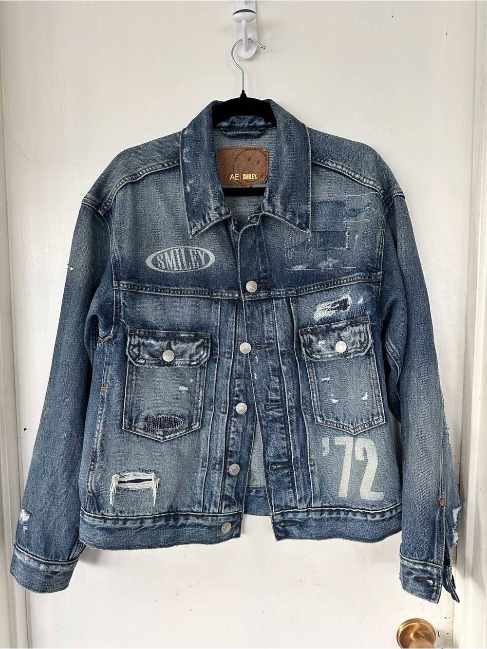 AE Special Edition Smiley Distressed Patchwork Oversized Denim Jacket Size Small